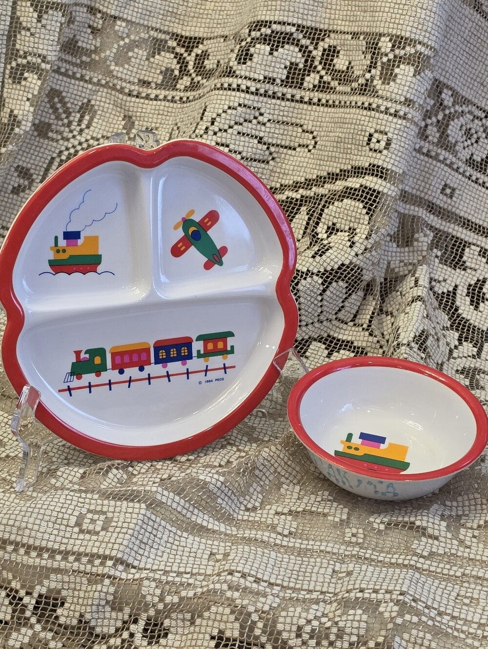 Kids Red-Trim Divided Plate and Bowl Set with Train & Vehicle Graphics